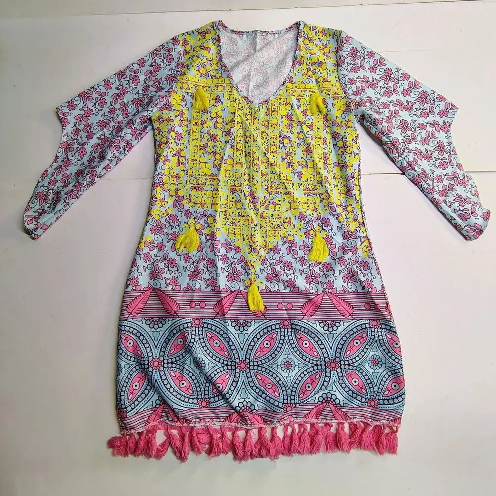 Mislook Tunic Boho Vibrant Eclectri Floral Tassels Fringe Pink Coastal Fairy Cow - Picture 11 of 11